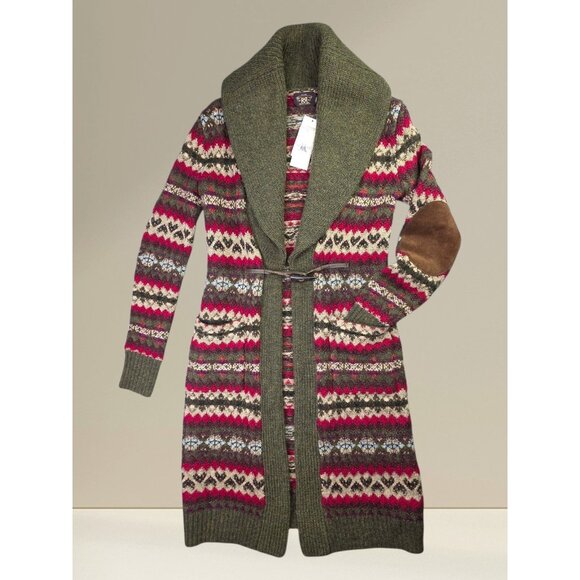 RRL Ralph Lauren Sweater Women 1 S Green Fair Isle Cardigan Duster Alpaca NEW - Picture 1 of 14